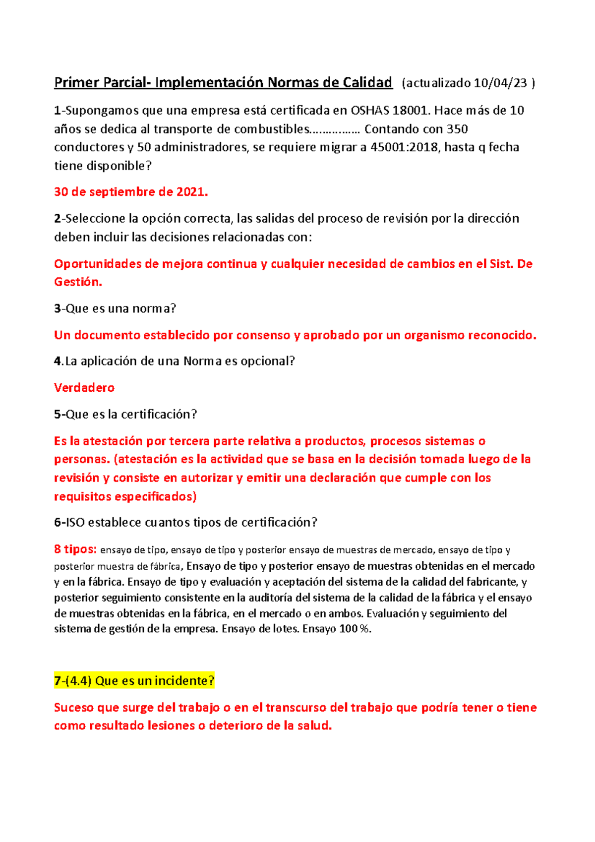 1er Parcial de Normas ISO 45001:2018 - Estudio Actualizado 2023 - Studocu