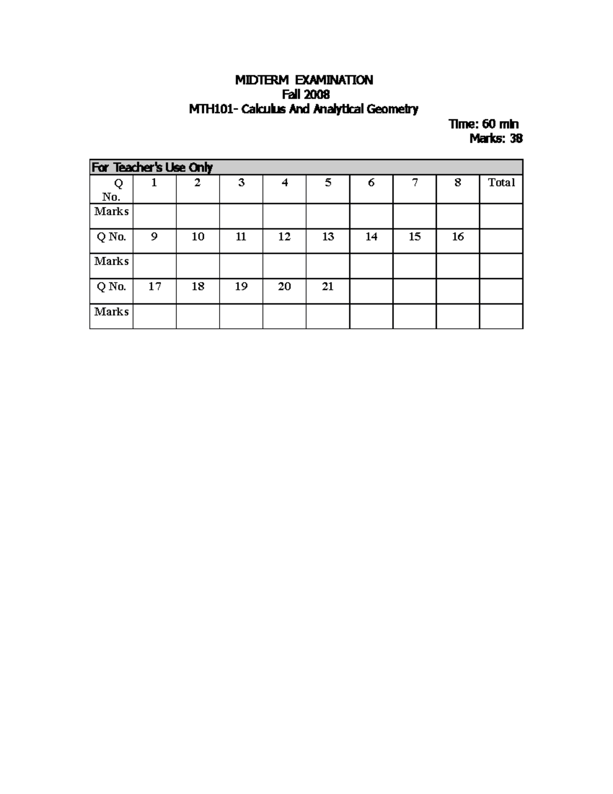 Fall 2008 Midterm Exam Review MTH101 - Calculus & Analytic Geometry ...
