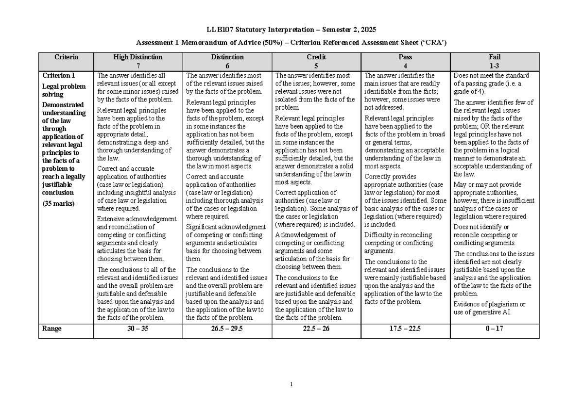LLB107 Statutory Interpretation Assignment 1: Letter of Advice 2025 ...