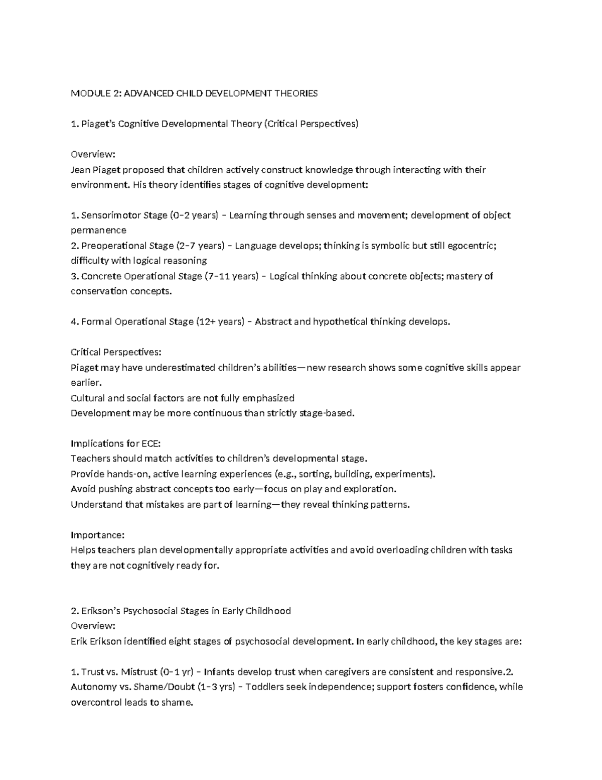 Module 2: Advanced Child Development Theories Overview - Studocu