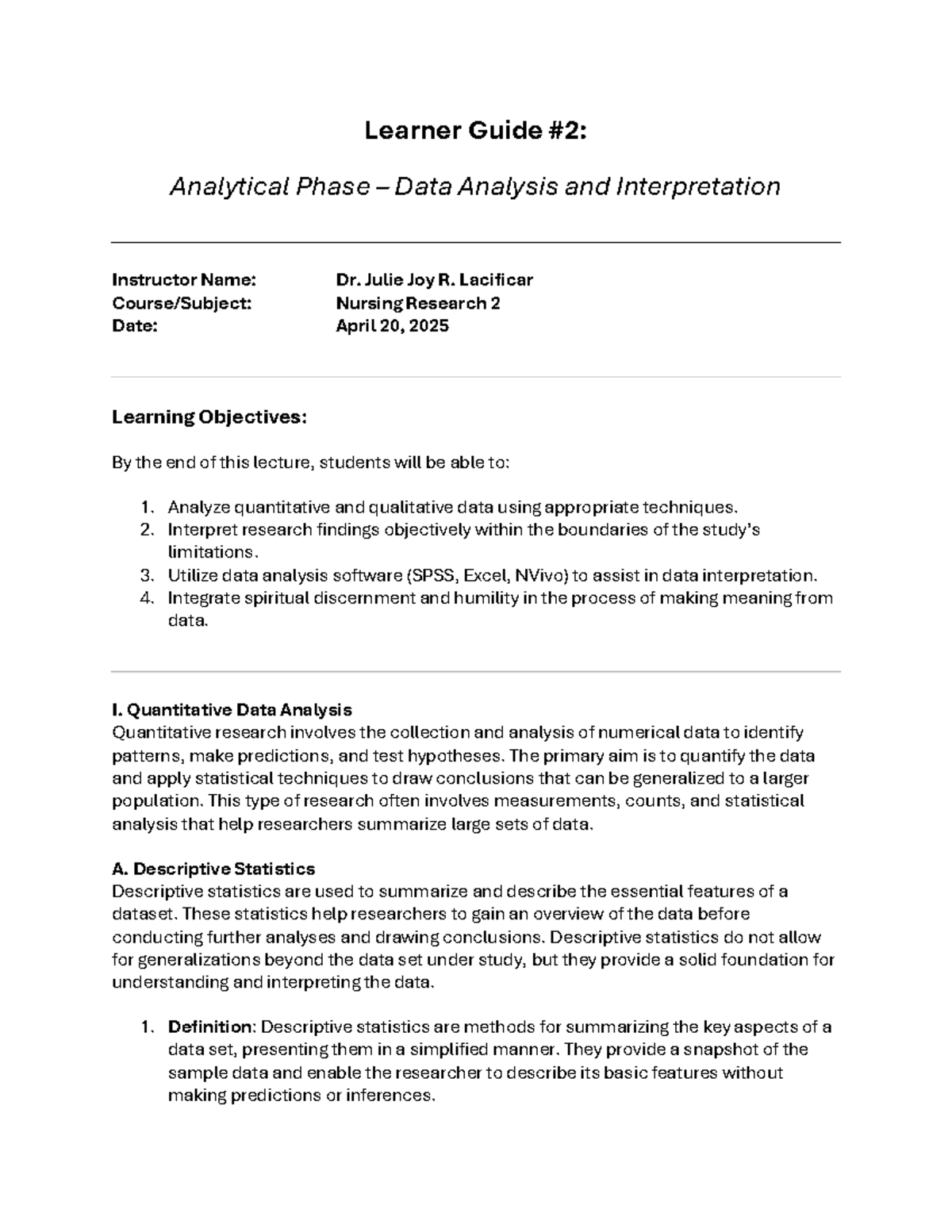 Nursing Research 2: Learner Guide on Data Analysis & Interpretation ...