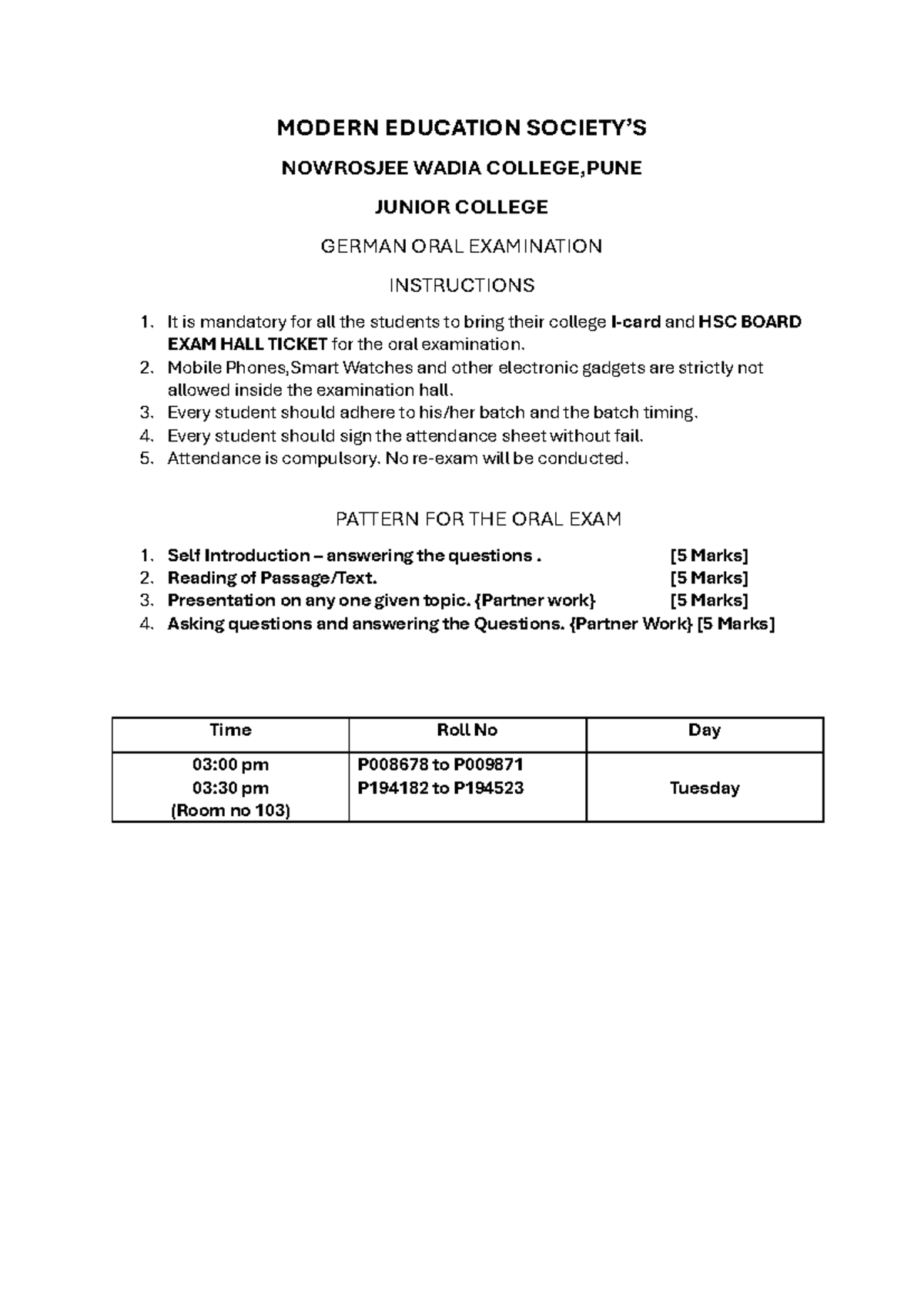 German Oral Exam Instructions - Nowrosjee Wadia College - Studocu