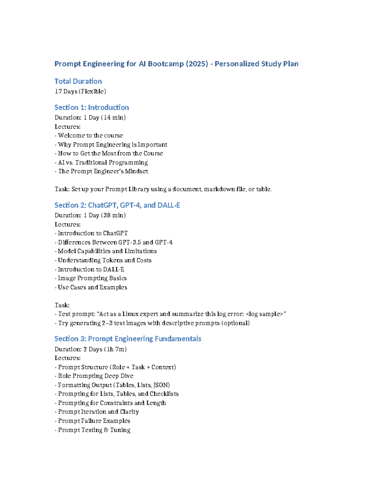Prompt Engineering for AI Bootcamp (2025) Study Plan Overview - Studocu