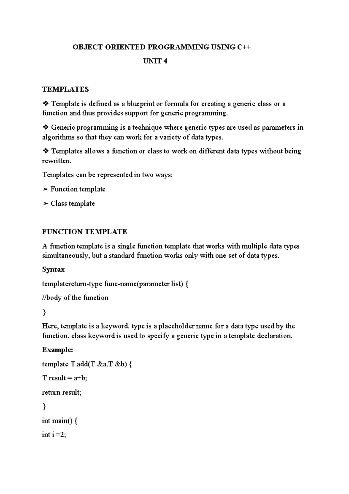 OOPS C++ UNIT 4 - TEMPLATES AND EXCEPTION HANDLING - Studocu