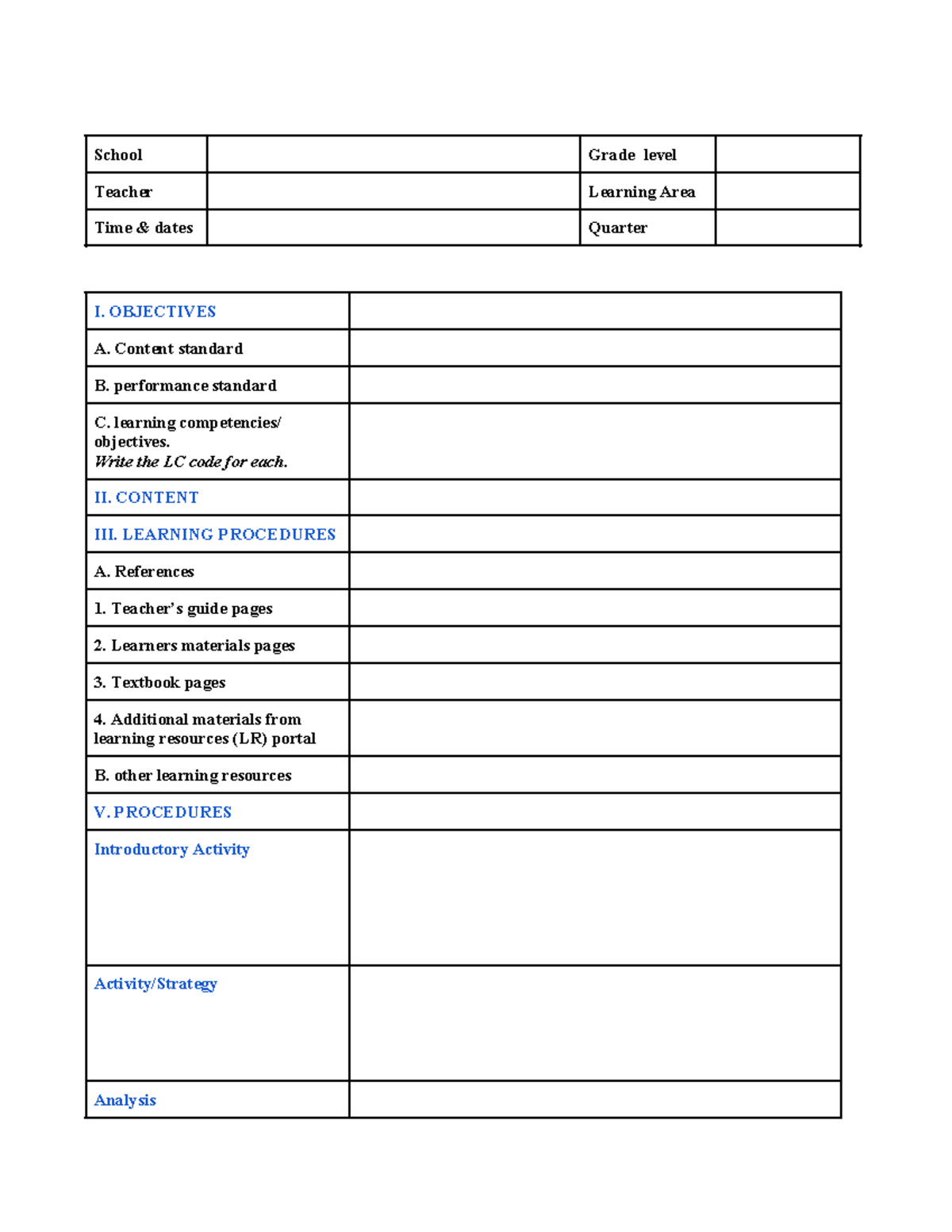 4As Lesson Plan - School Grade Level Objectives and Procedures - Studocu