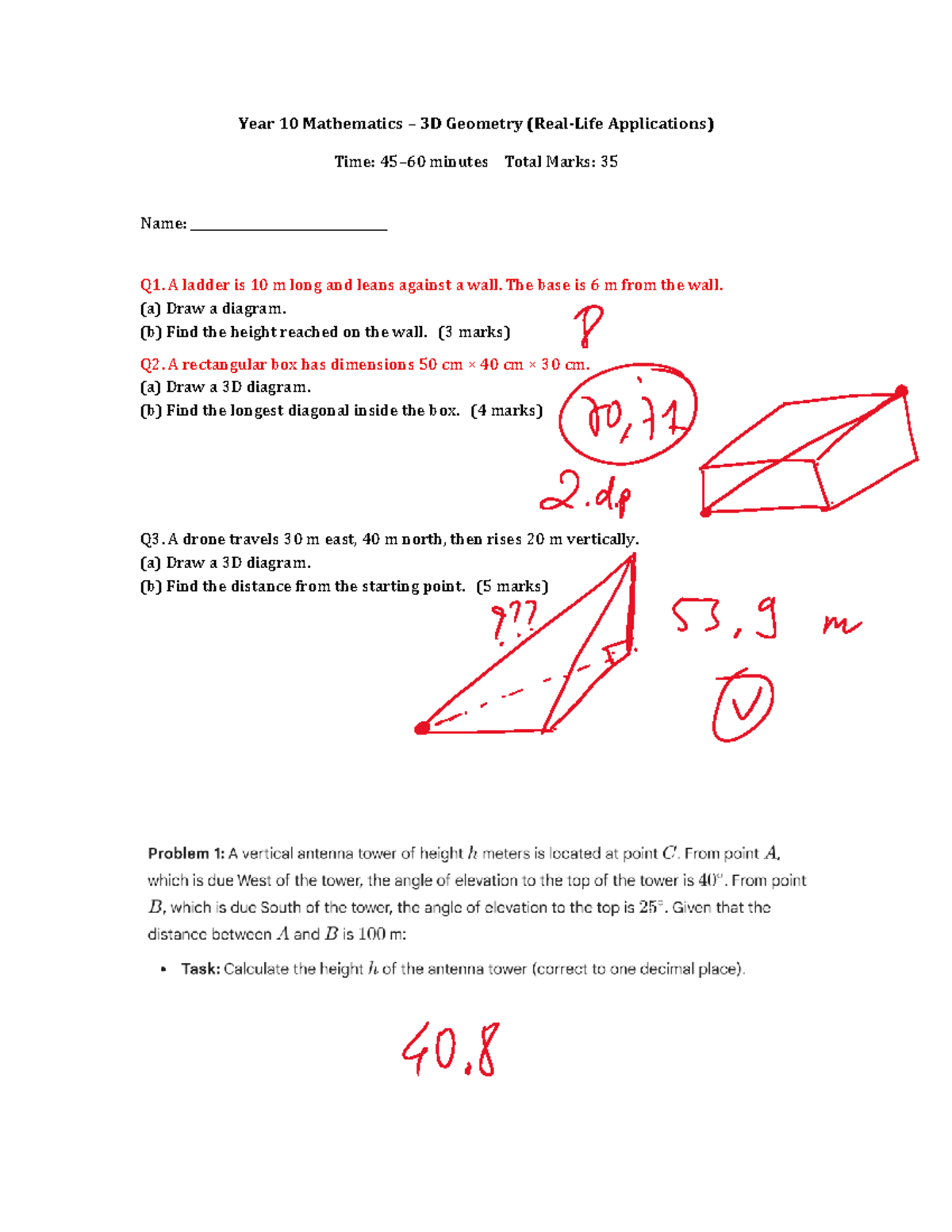Year 10 Mathematics 3D Geometry Applications Test - Studocu