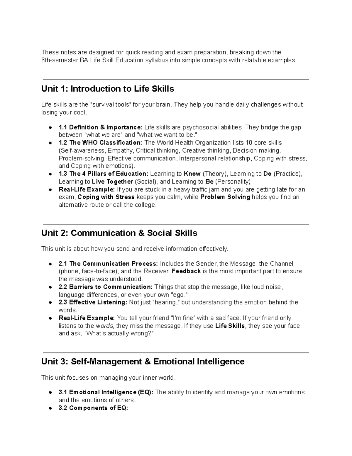 BA Life Skill Education Syllabus Overview and Key Concepts - Studocu