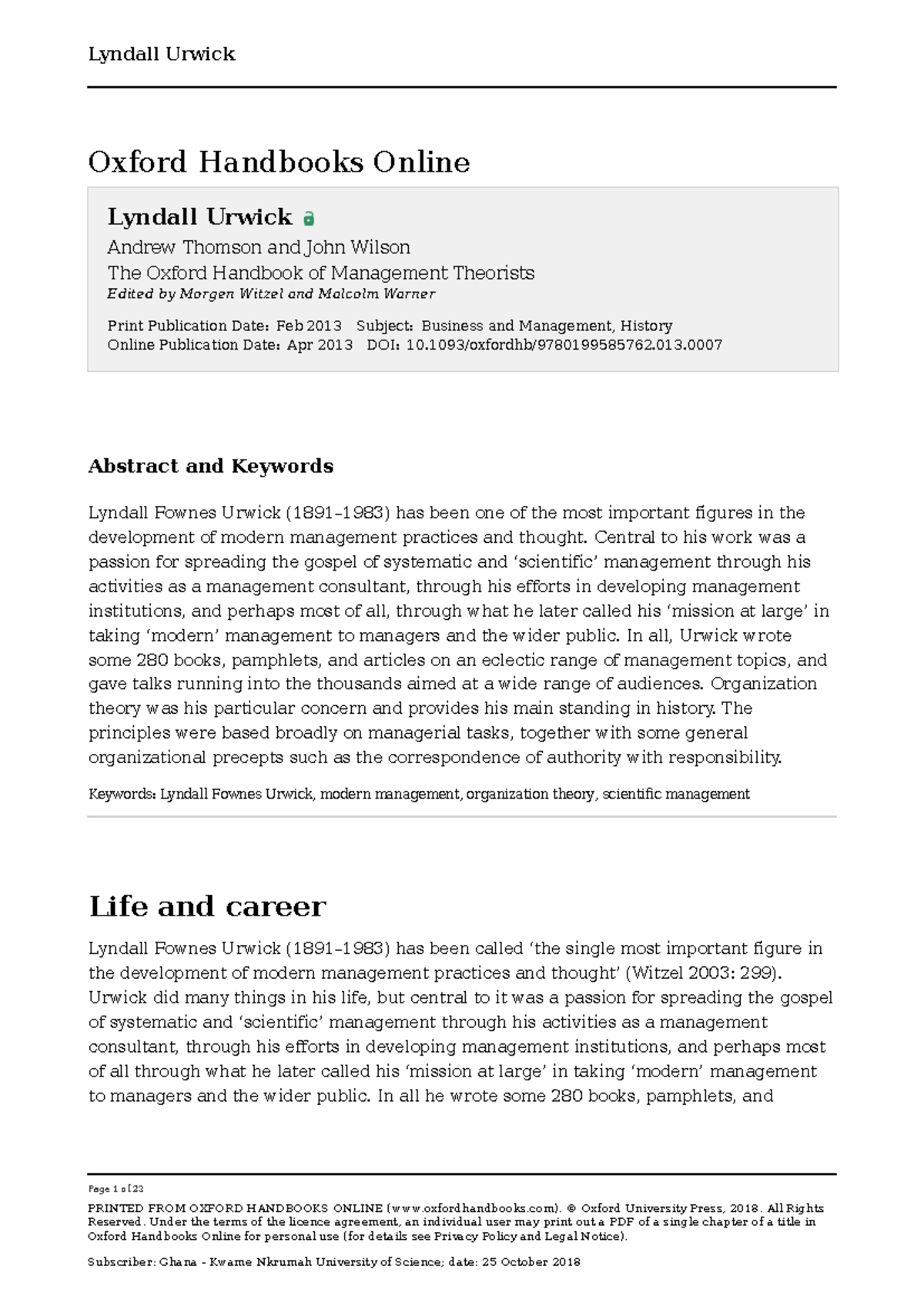 Lyndall Urwick: Key Insights on Management Theory and Practices - Studocu