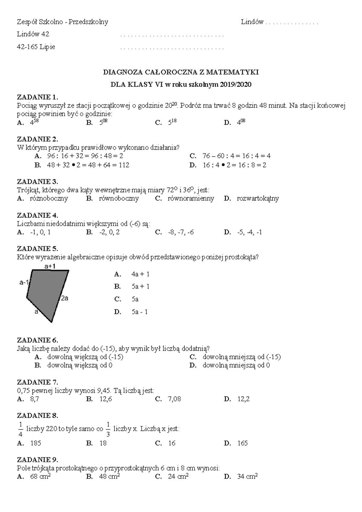Diagnoza Ca oroczna Z Matematyki Dla Klasy VI ZADANIA 1 14 Studocu