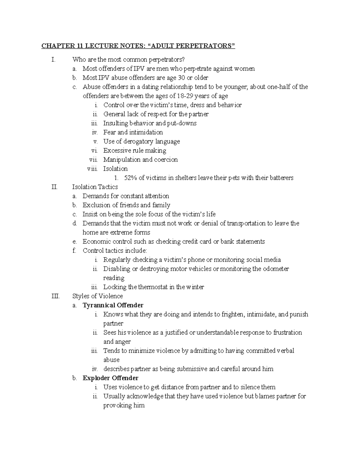 CHAPTER 11 LECTURE NOTES: Understanding IPV Perpetrators and Violence ...