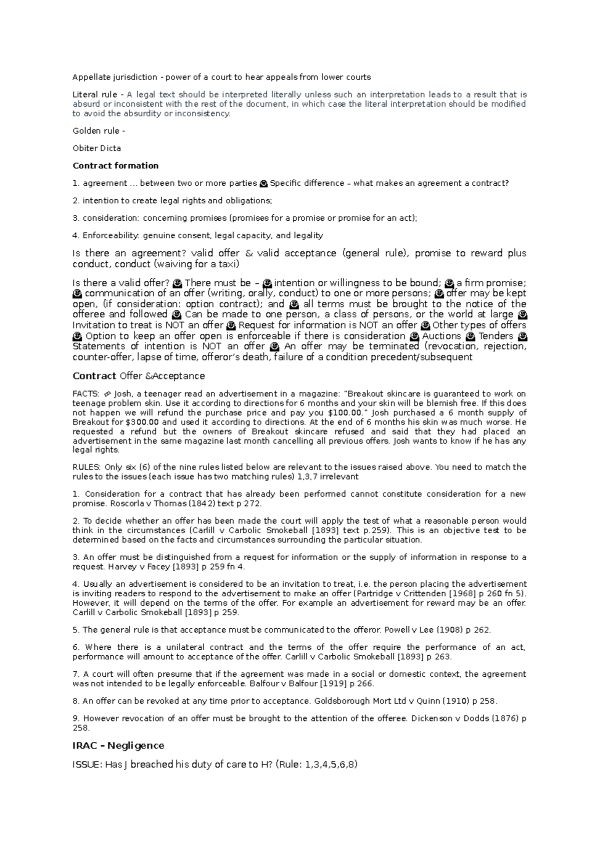LEGL 1001 Final Exam Notes on Contract Law and Negligence - Studocu