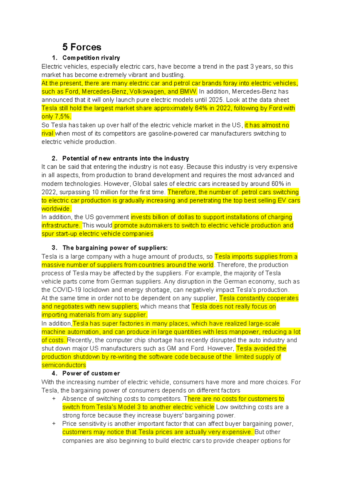 TESLA external & internal analysis - 5 Forces 1. Competition rivalry ...