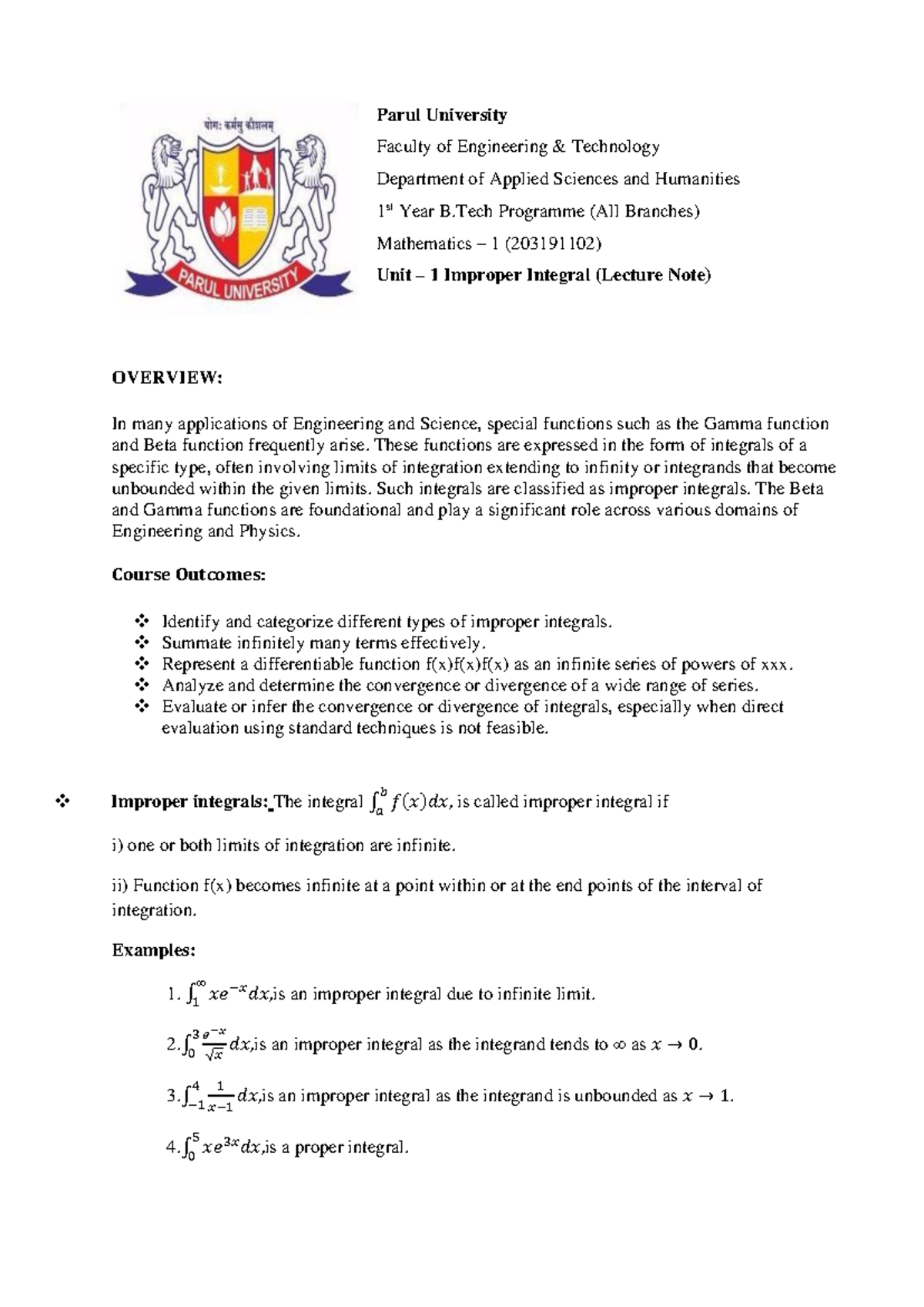 Mathematics 1 (203191102) Unit 1: Improper Integrals (Lecture Notes ...