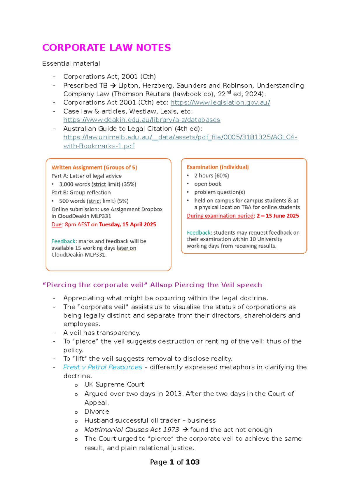 Corporate Law Notes for MLP331: Understanding Company Duties ...