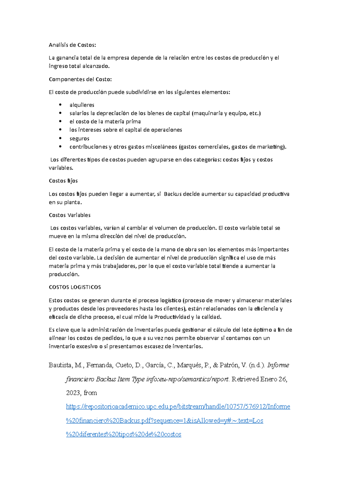 Backus - Análisis de Costos y su Impacto en la Rentabilidad - Studocu