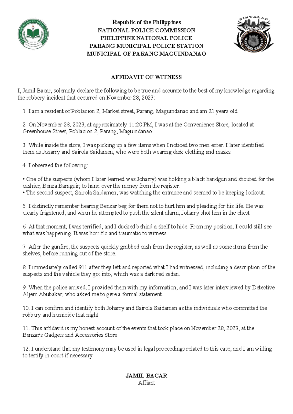 Judicial Affidavit of Witness: Robbery Incident in Parang, Maguindanao ...
