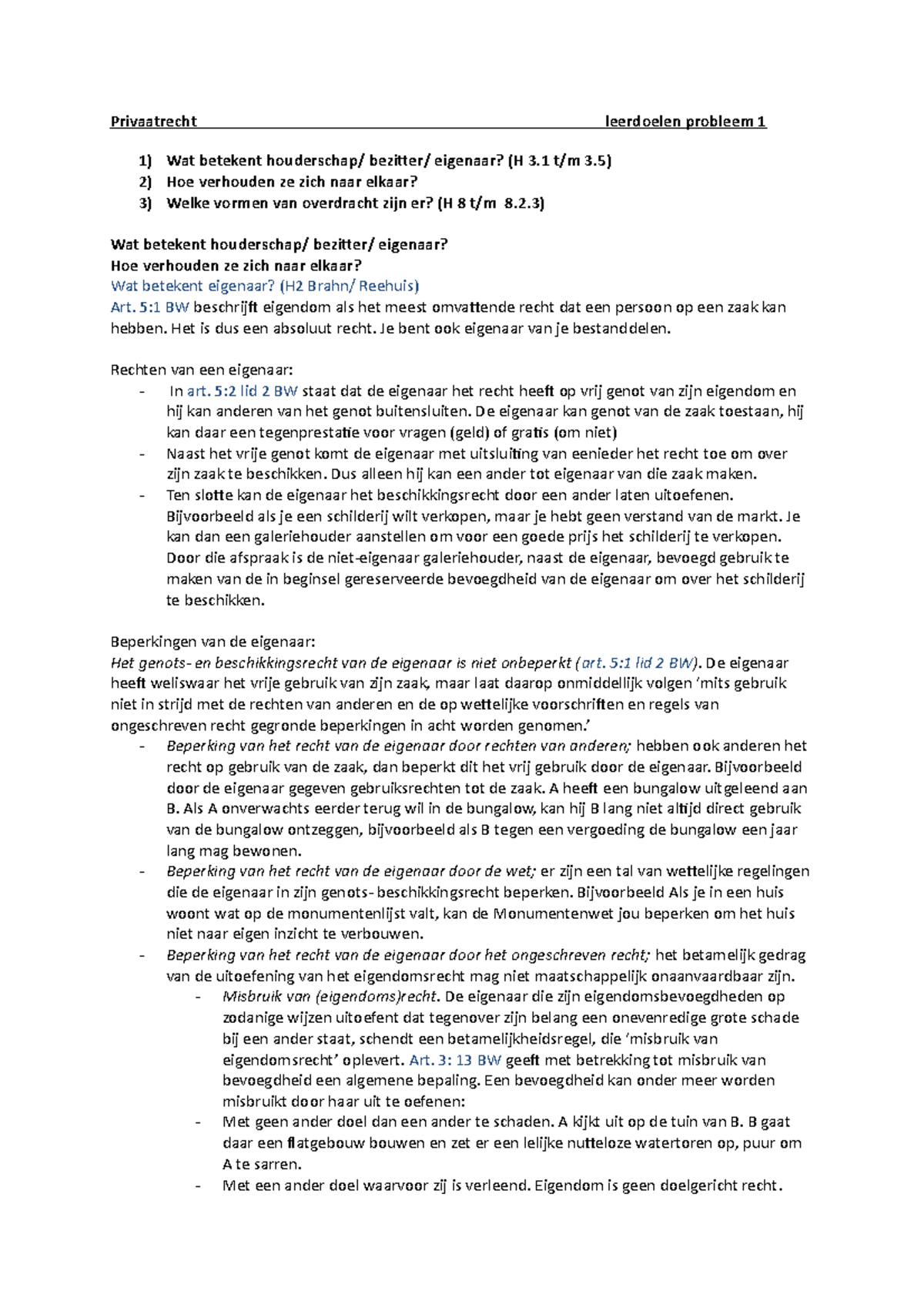 Privaatrecht H3.1-H3.5: Eigendom, Bezit en Houderschap Analyse ...