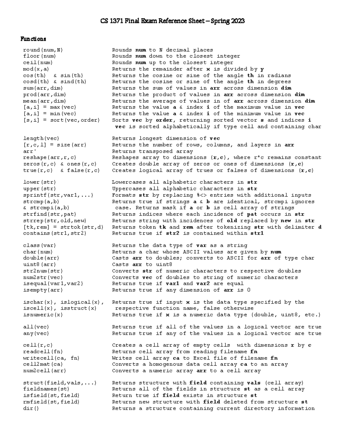 CS 1371 Final Exam Reference Sheet - Comprehensive Guide for SPR2023 ...