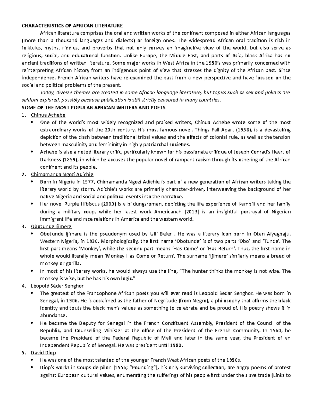 Characteristics of African Literature and Notable Writers - Studocu