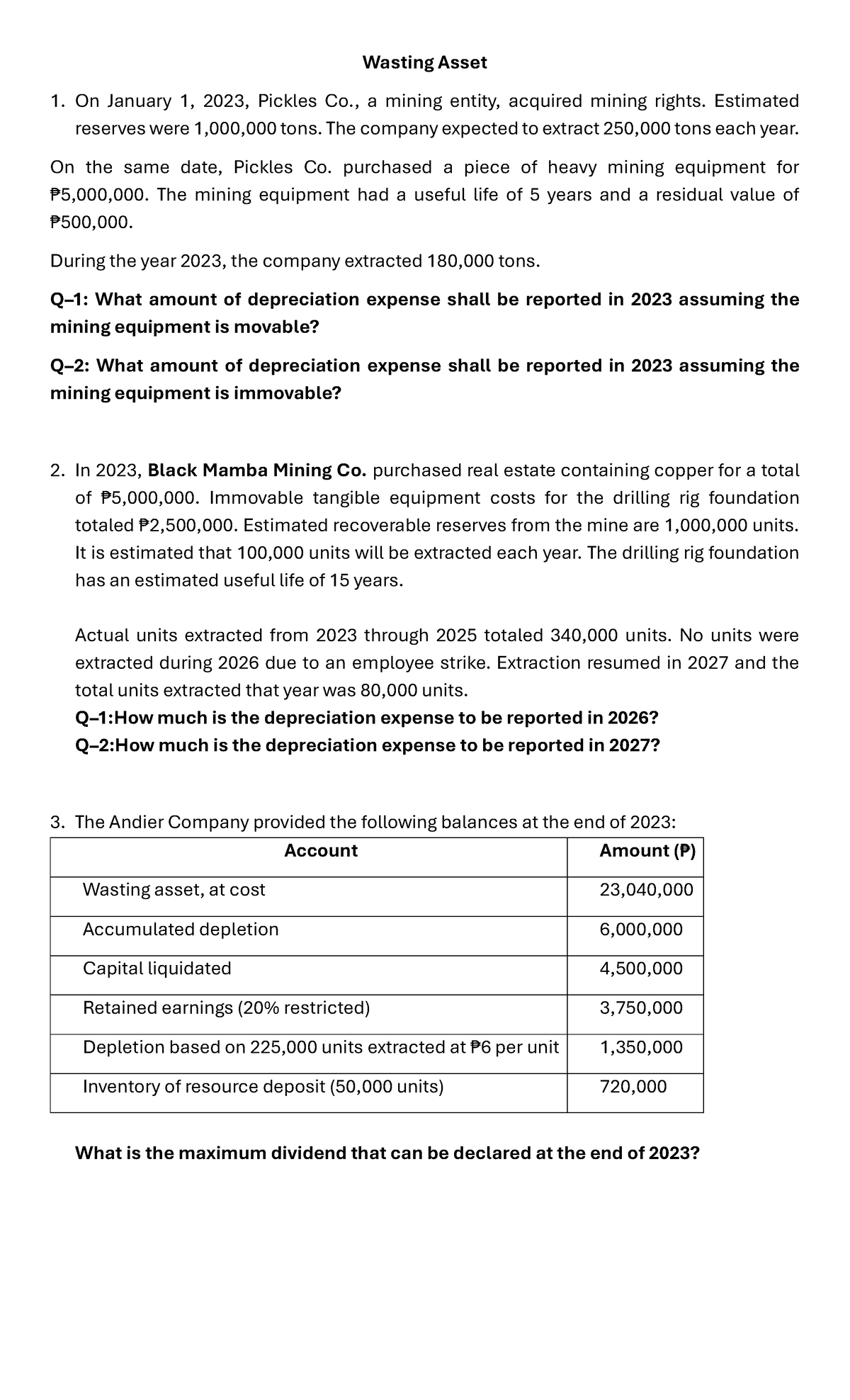 Wasting Asset Analysis: Depreciation & Dividend Calculations - Studocu