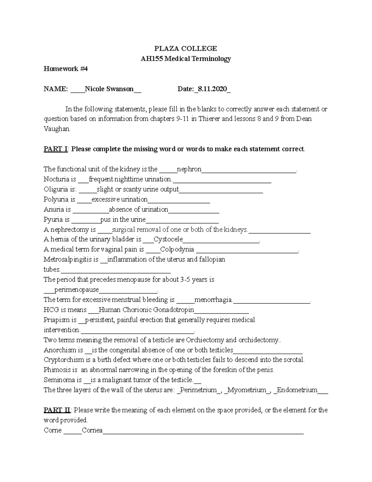 HW 4 - Medical Terminology Questions from AH155 Class - Studocu