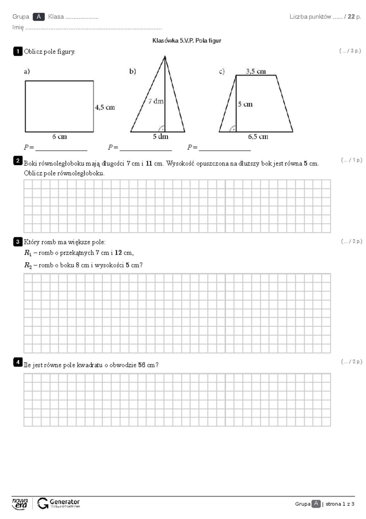 Pola Figur Klasa 5 Sprawdzian Matematyka Z Kluczem