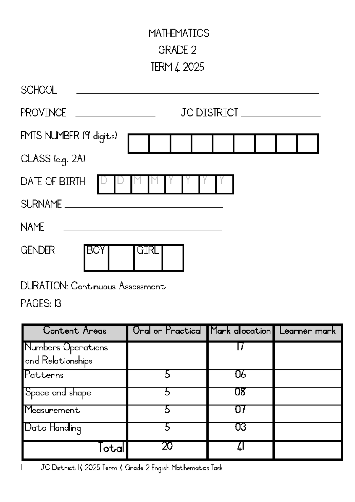 2025 Term 4 Grade 2 English Mathematics Task - Studocu