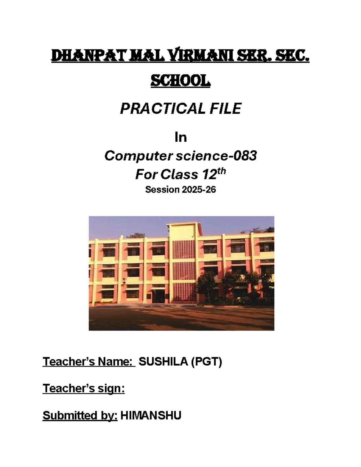 Computer Science Project (Code: 083) for Class 12 - Studocu