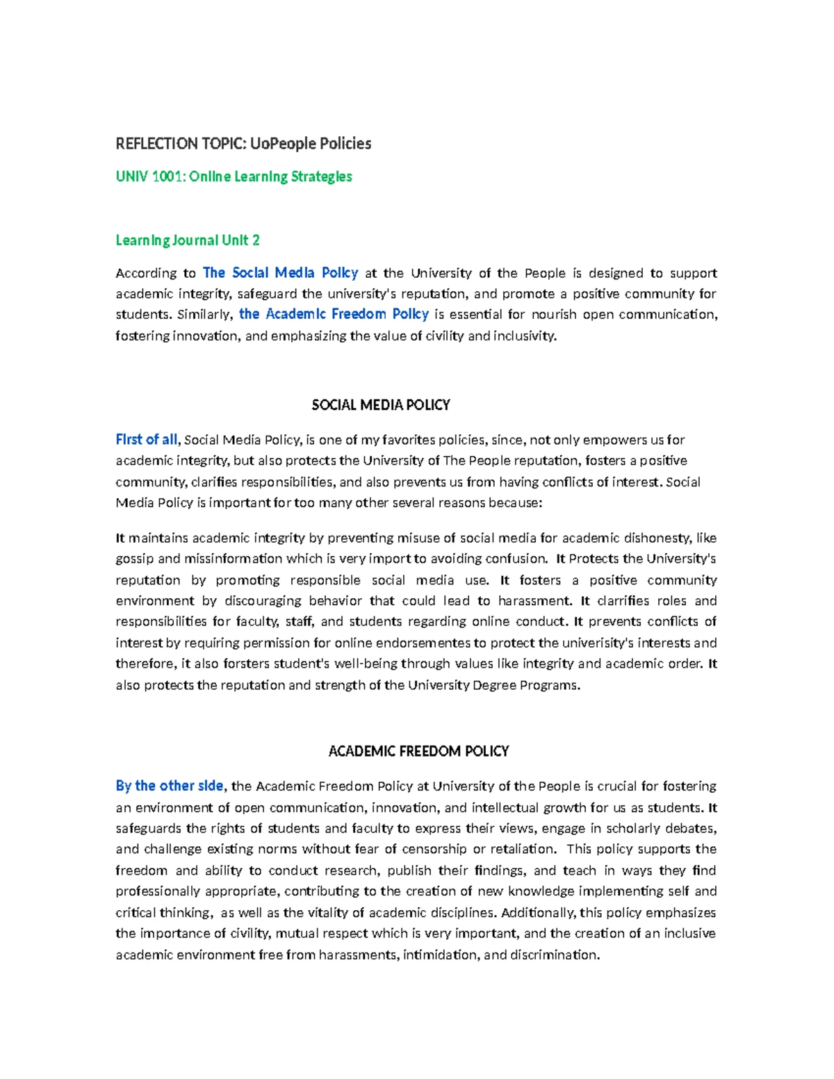 Univ 1001: Learning Journal Reflection on College Success Unit 1 - Studocu