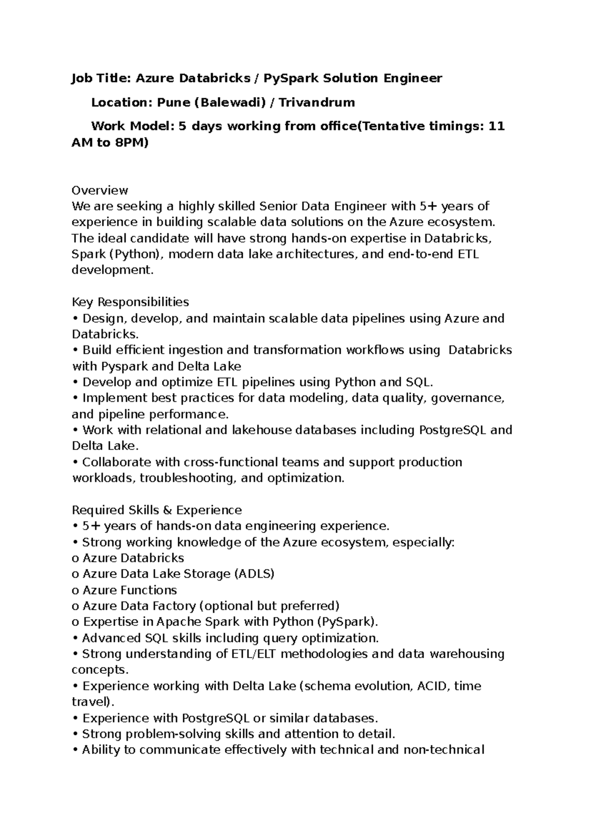 Azure Databricks PySpark Engineer Role Overview - Pune - Studocu