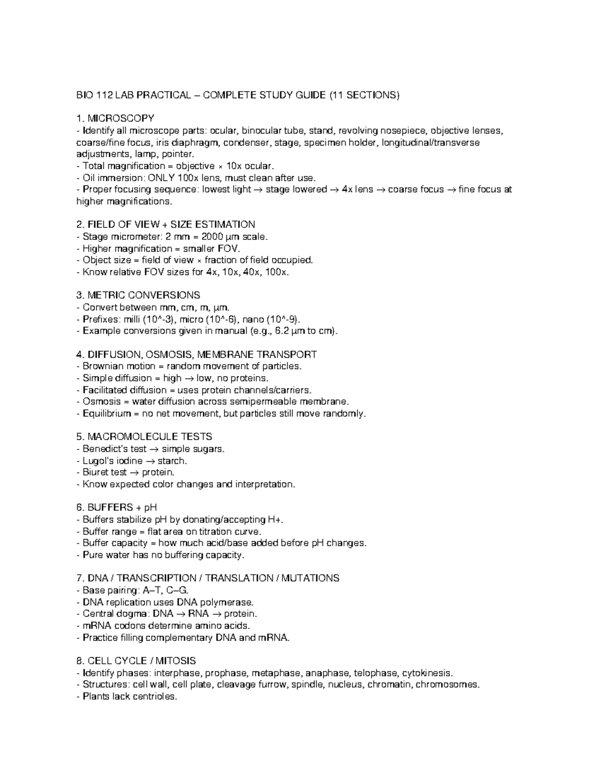 BIO 112 Lab Practical – Complete Study Guide - Studocu