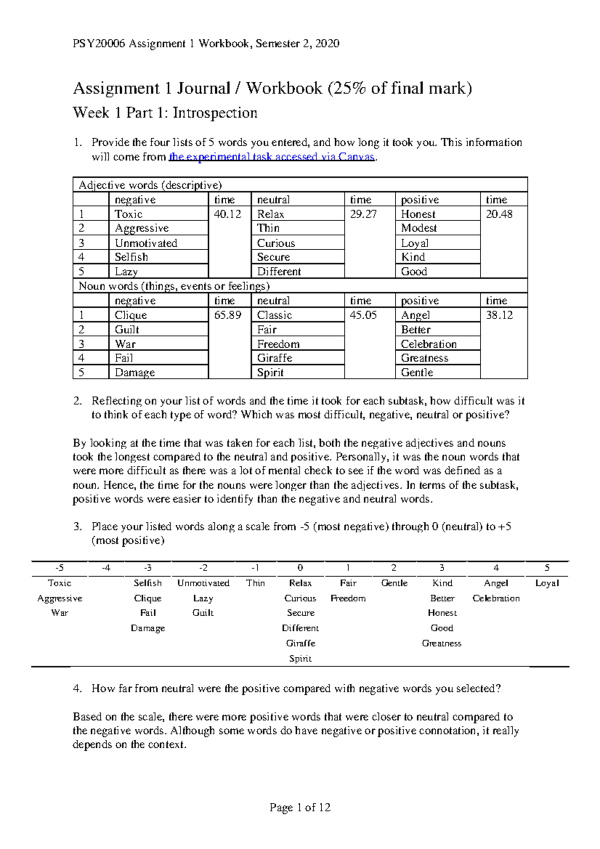 Psychology 101: Assignment 1 Journal & Workbook Analysis (78/100) - Studocu