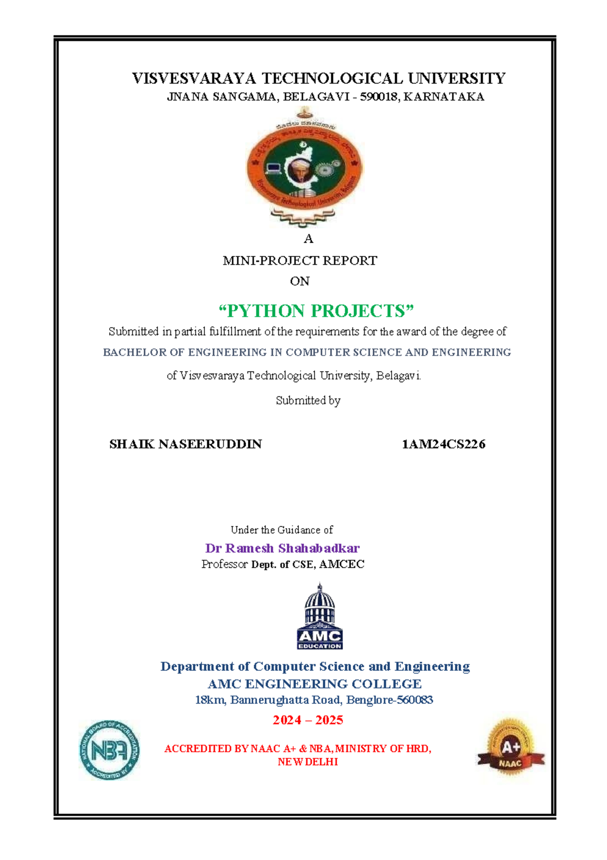 Python Mini Projects Report (1AM24CS226) for Engineering Degree - Studocu