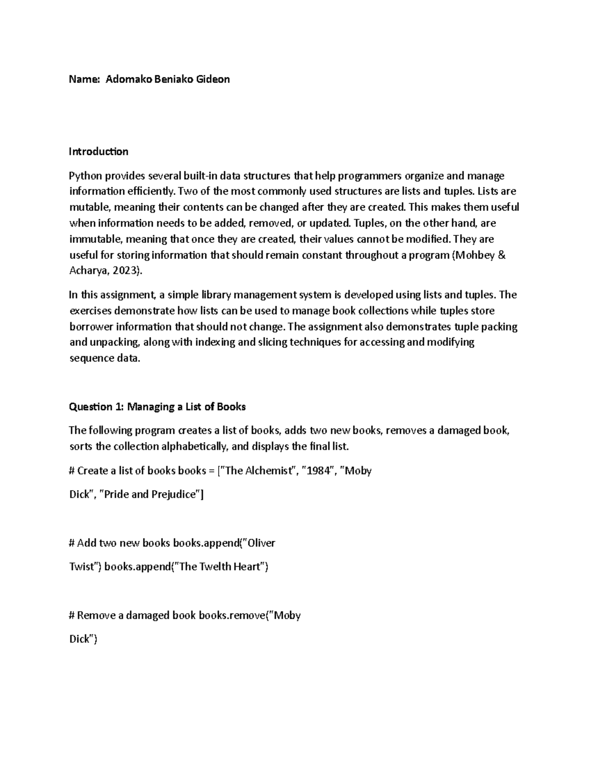 Programming Fundamentals Assignment: Lists and Tuples in Python - Studocu