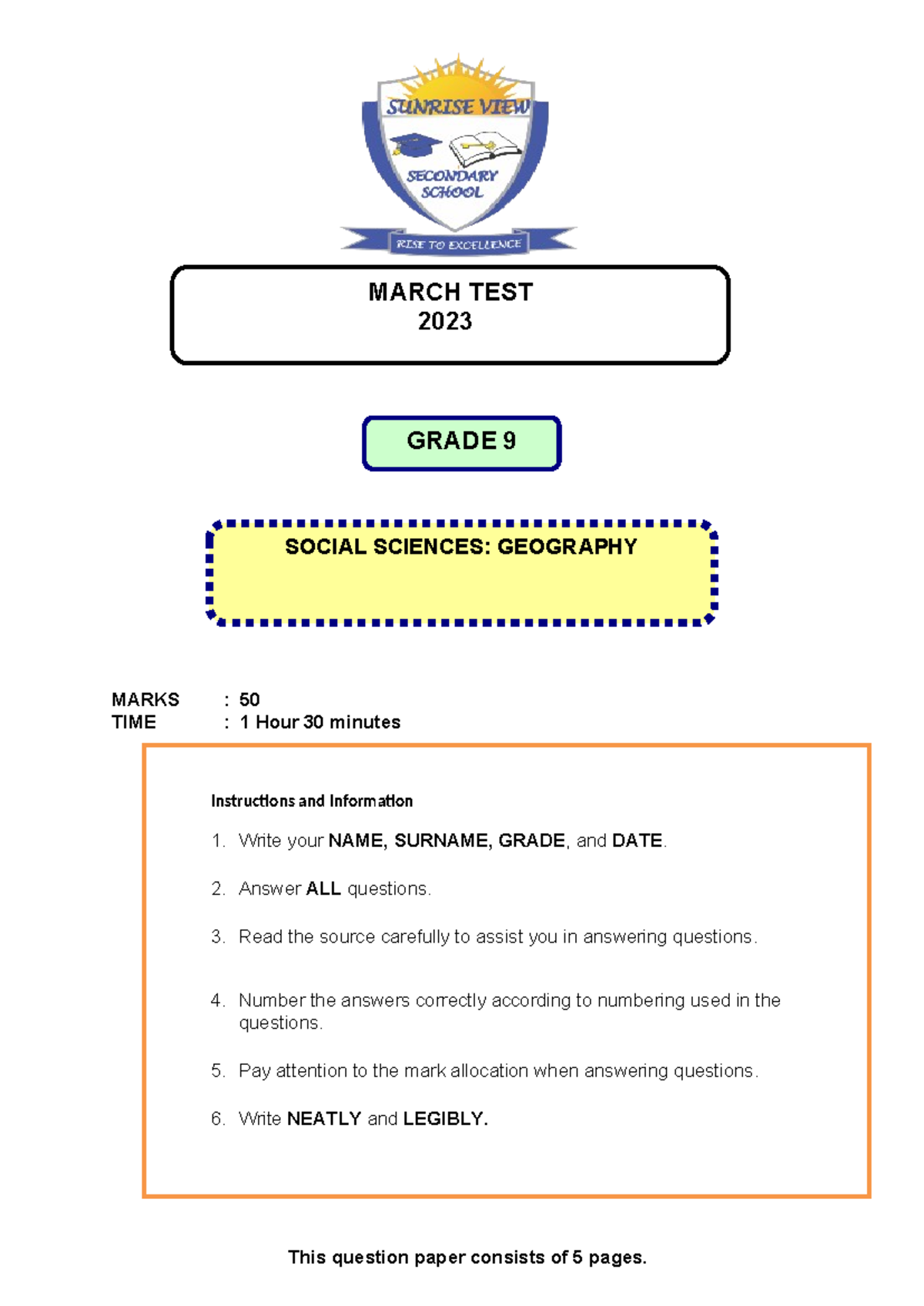 Geography GRD 9 March Term 1 Test 2023 - Marks Allocated: 50 - Studocu
