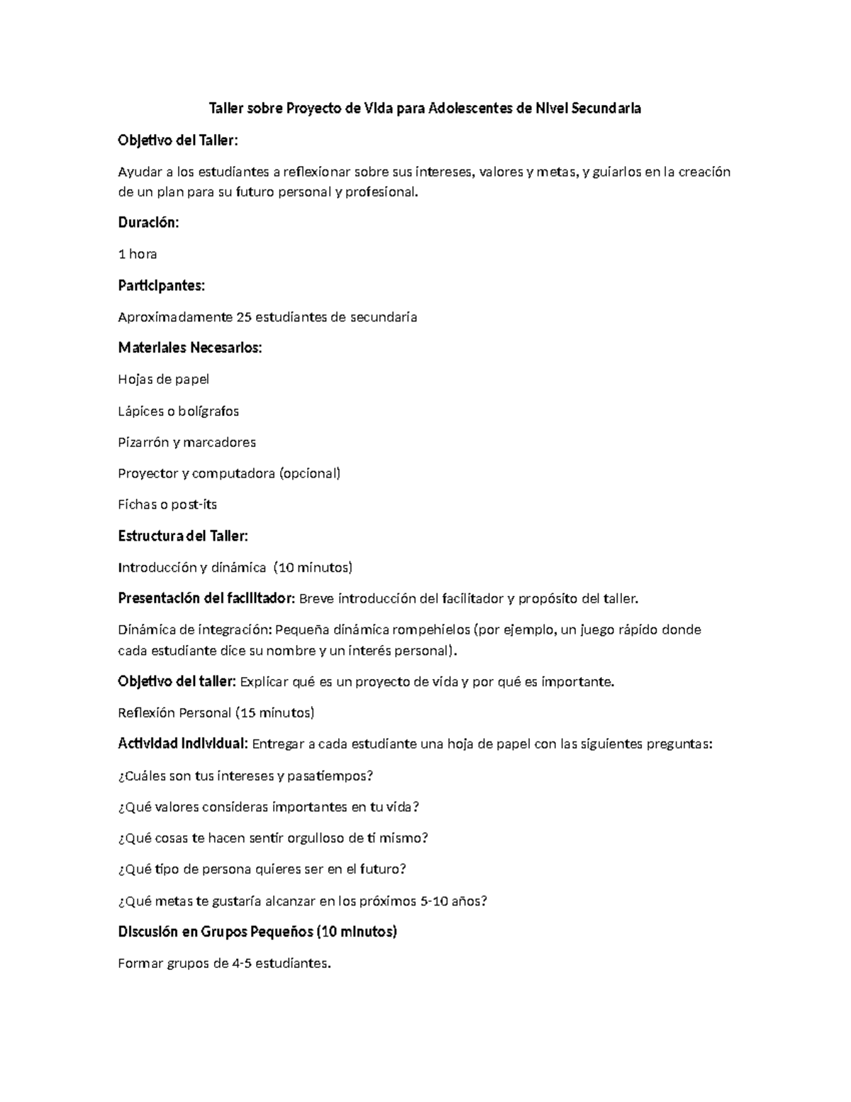 Taller de Proyecto de Vida para Secundaria: Reflexiones y Metas - Studocu