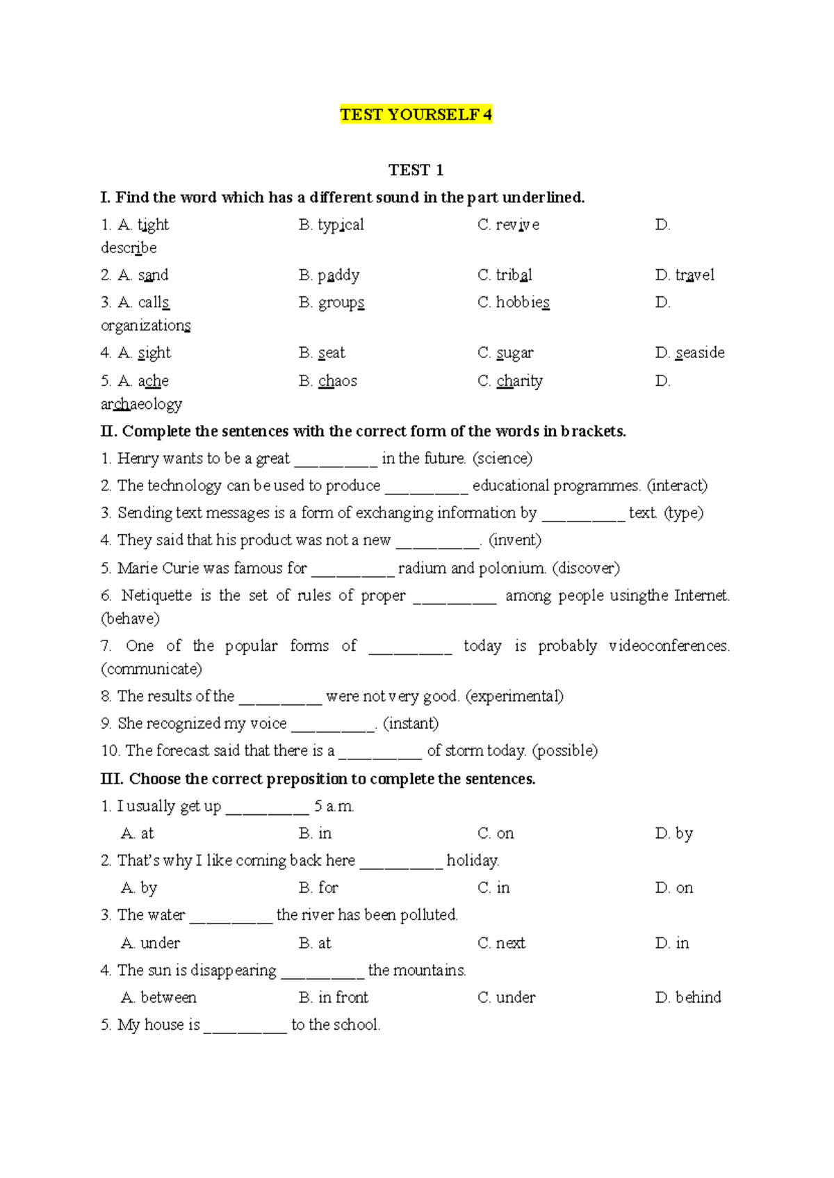 TEST YOURSELF 4 & 2: Vocabulary and Grammar Exercises - Studocu
