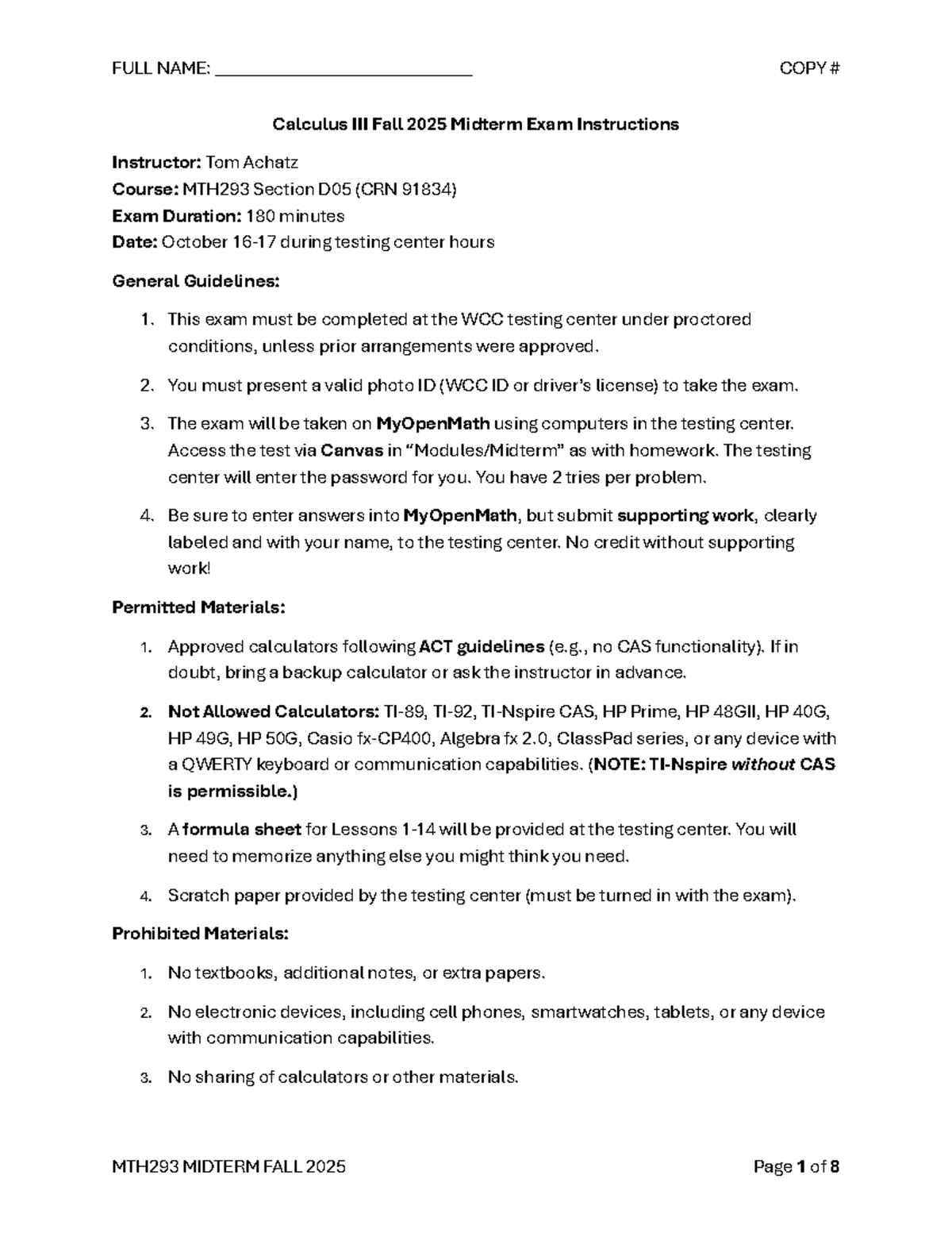MTH293 Calculus III Fall 2025 Midterm Exam Instructions - Studocu