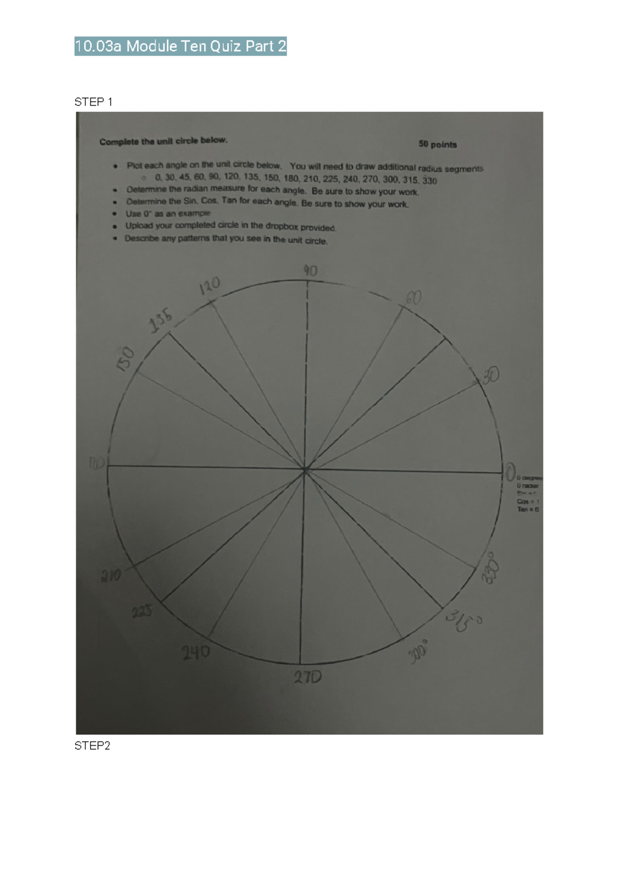 10.03a Module Ten Quiz Part 2 - STEP STEP The unit circle is ...