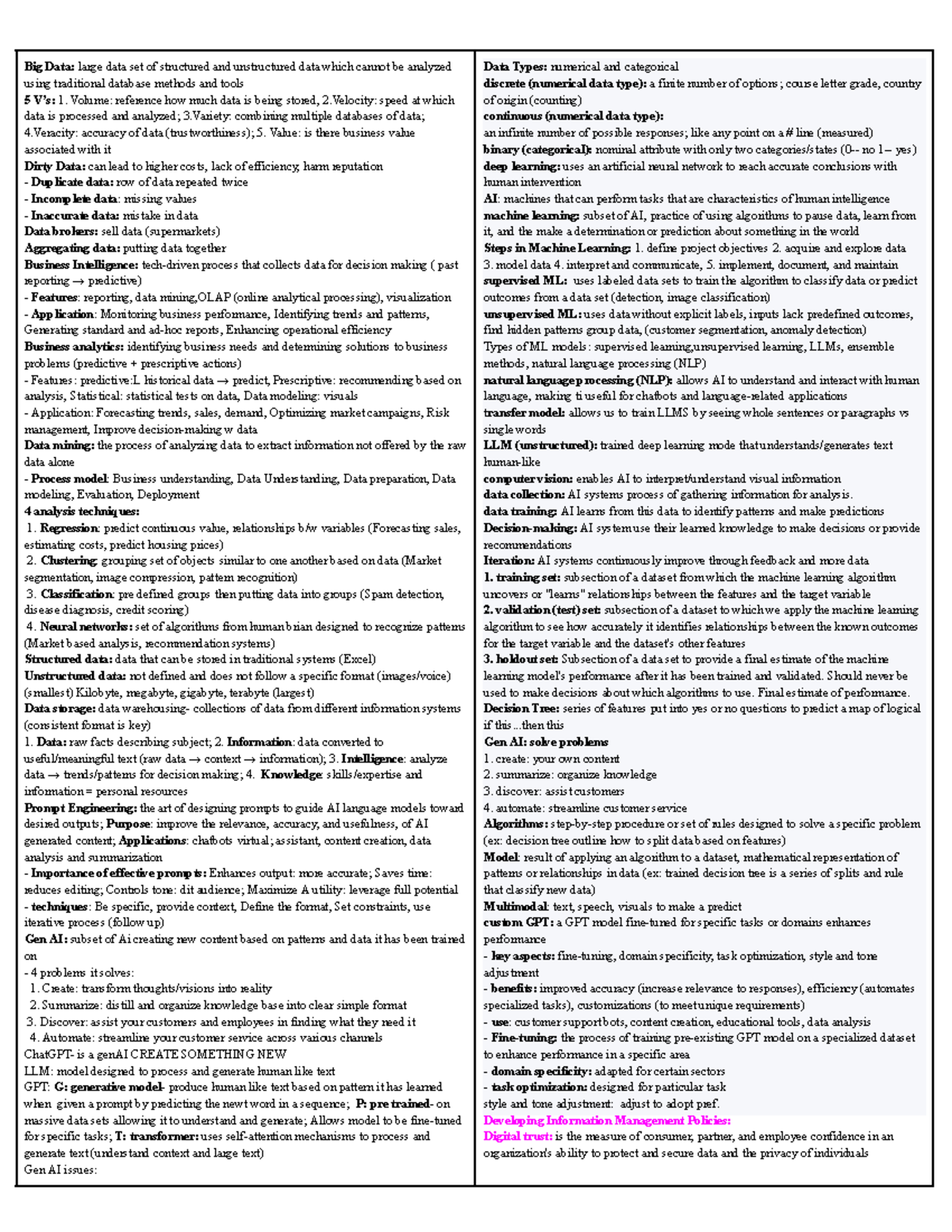 Info Quiz Two - Final cheat sheet - Big Data: large data set of ...