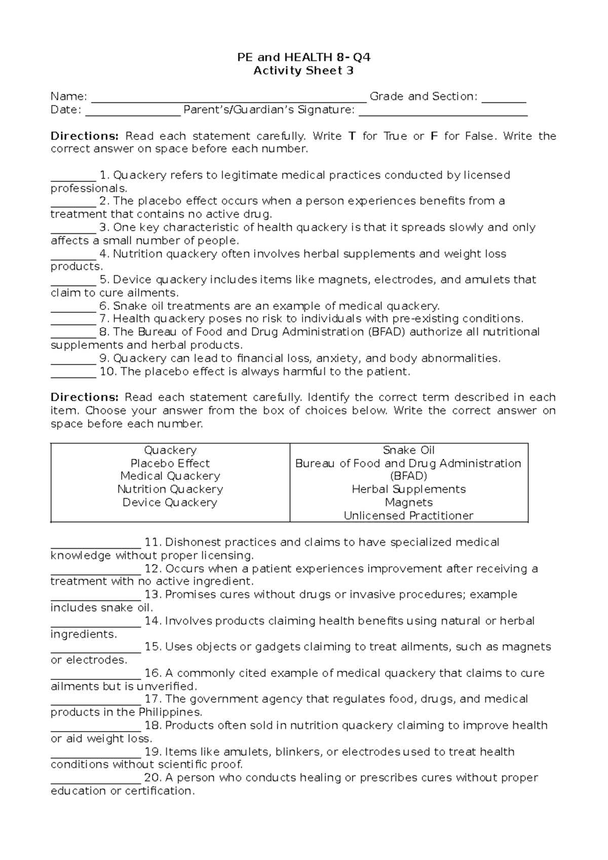 PE and HEALTH Q4 Activity Sheet 3 & 4 for Grade 8 - Studocu