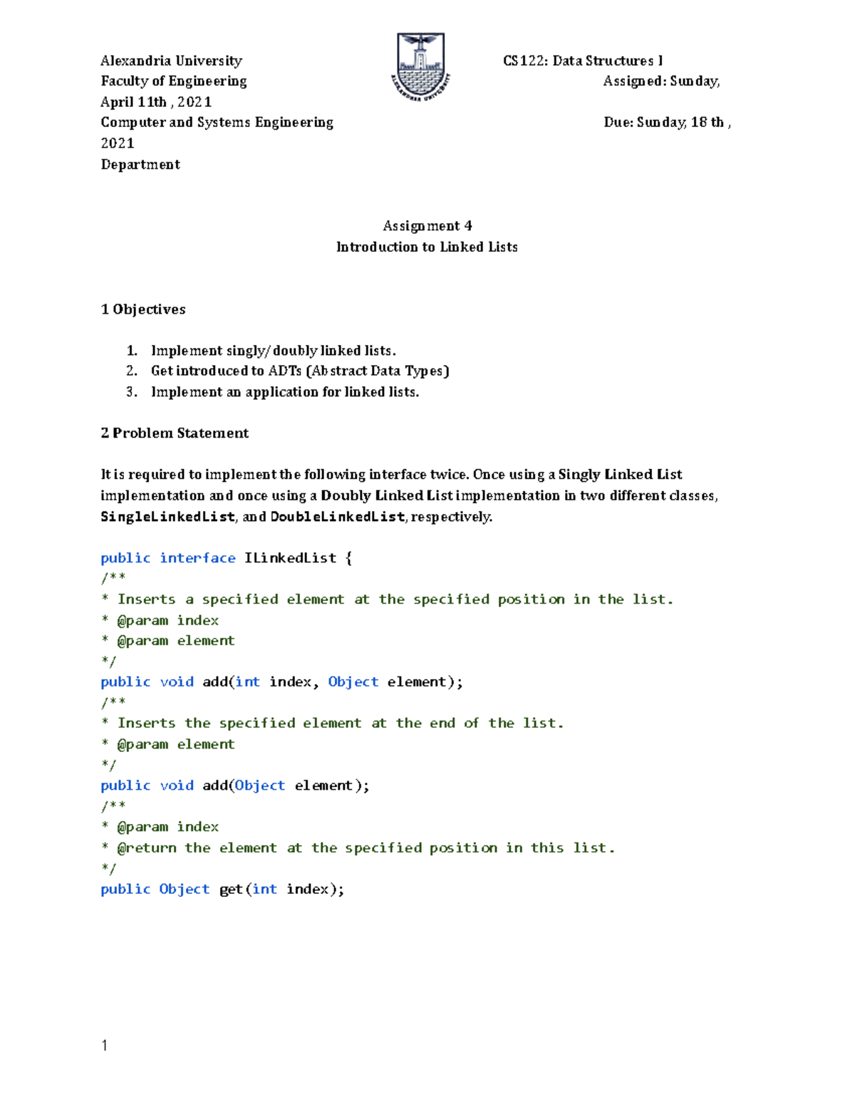 Data Structures Lab 4 - Faculty of Engineering Assigned: Sunday, April ...