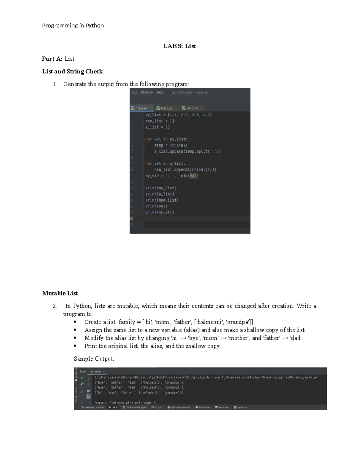 Programming in Python LAB 8: Mutable Lists and Aliases - Studocu