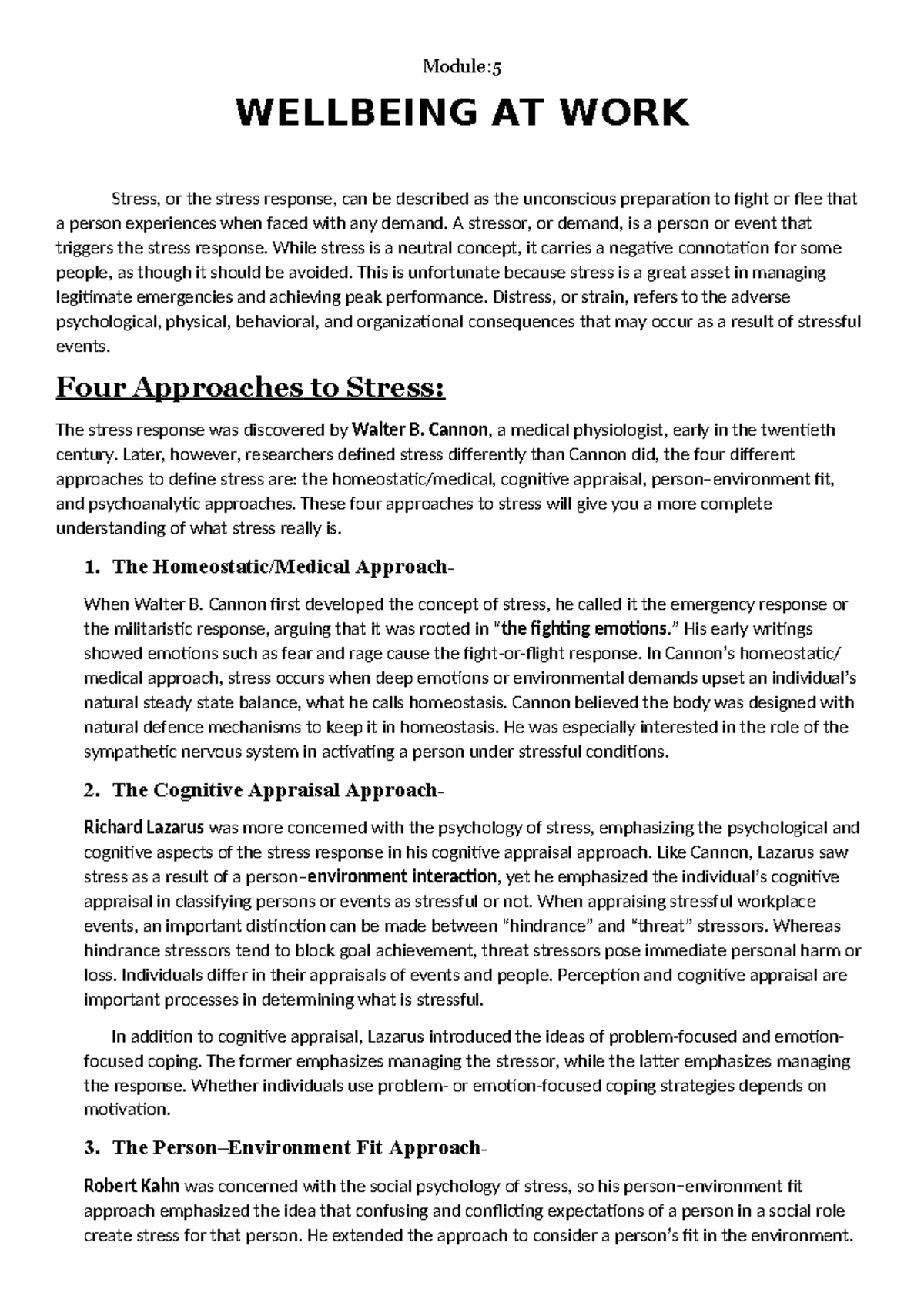 5. Wellbeing at work - OB NOTES - Module: WELLBEING AT WORK Stress, or ...