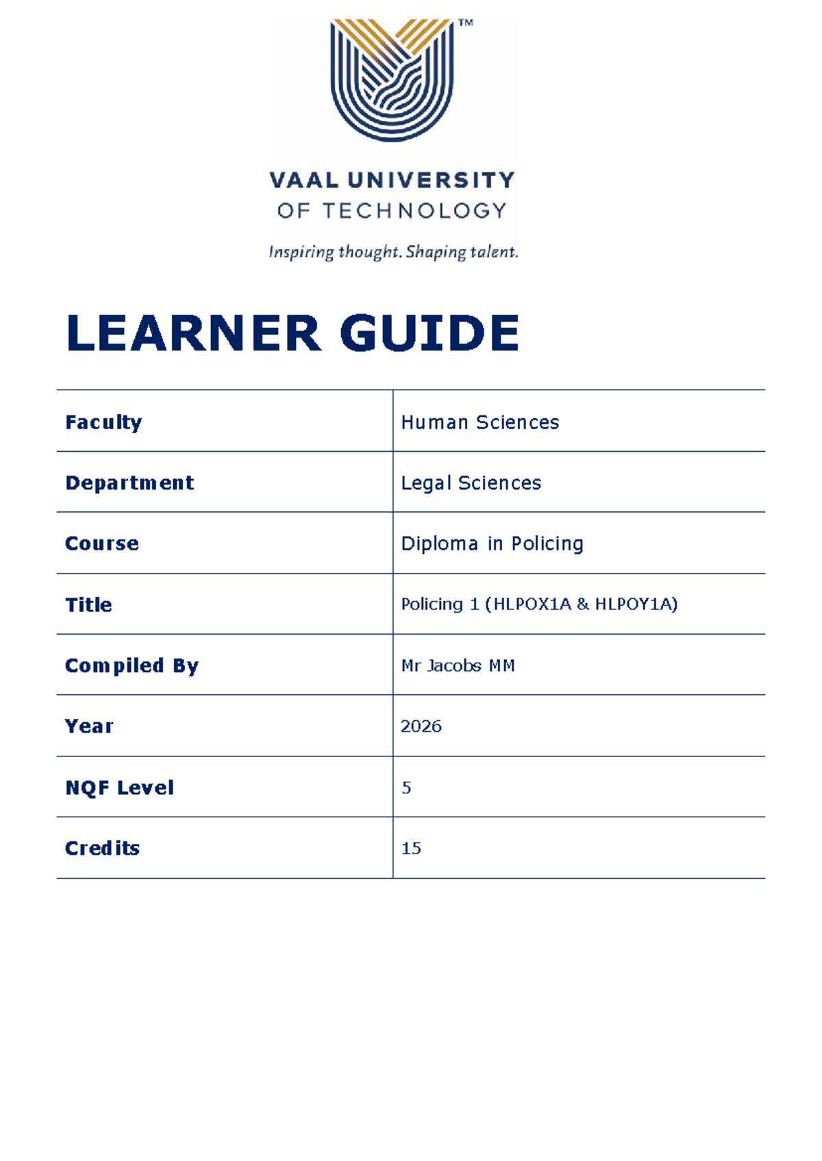 Policing 1 Learner Guide (HLPOX1A HLPOY1A) - Year 2026 - Studocu