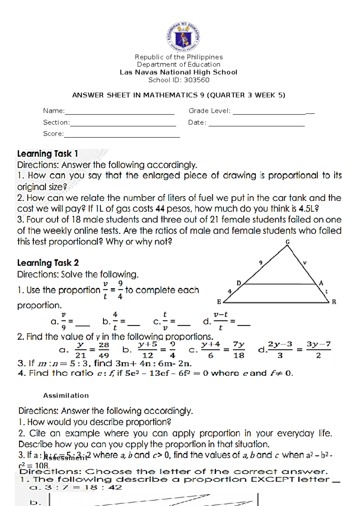 Answer sheet math 9 week 5 - Bachelor in Secondary Education - p ...