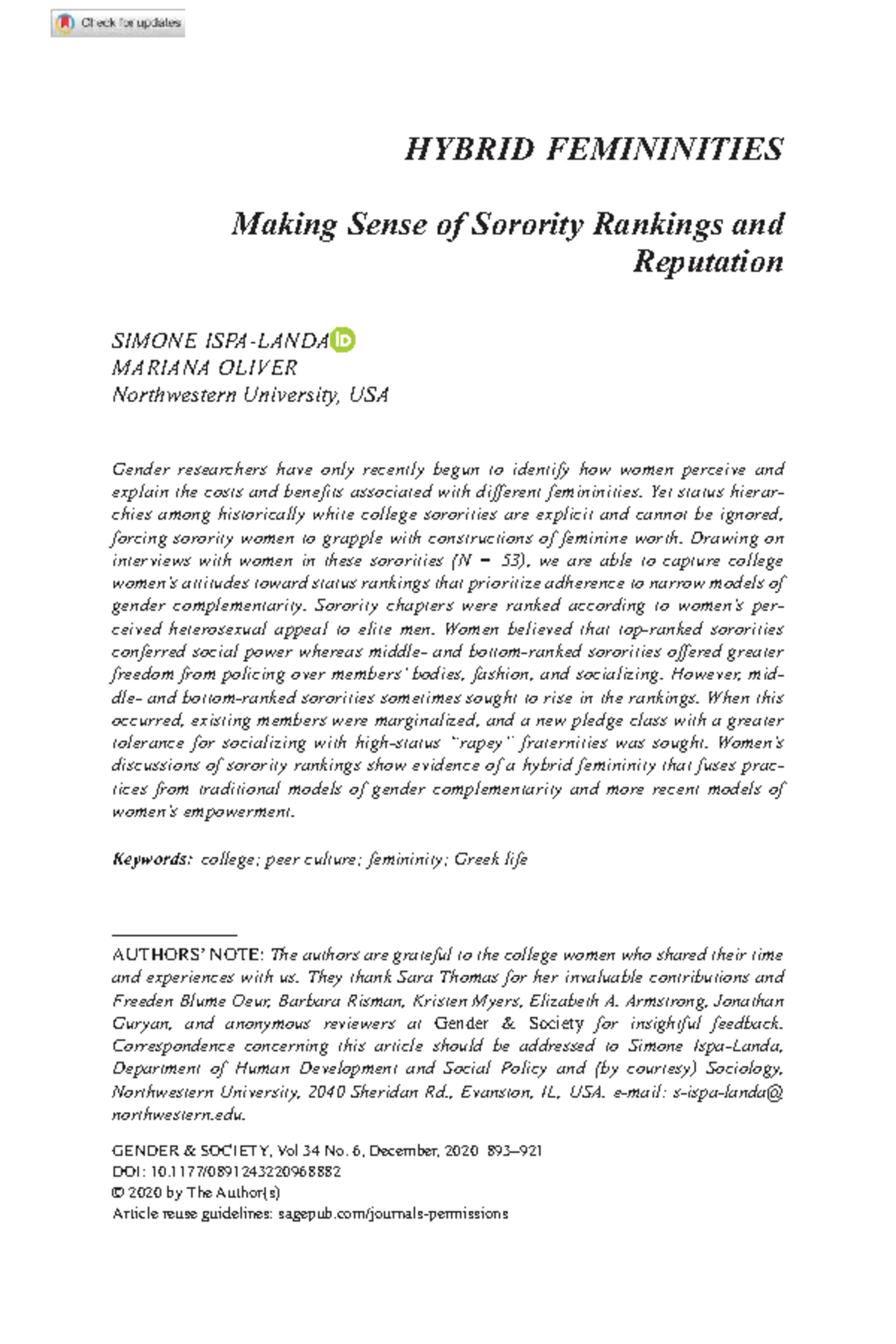 Hybrid Feminities: Navigating Sorority Rankings and Gender Dynamics ...