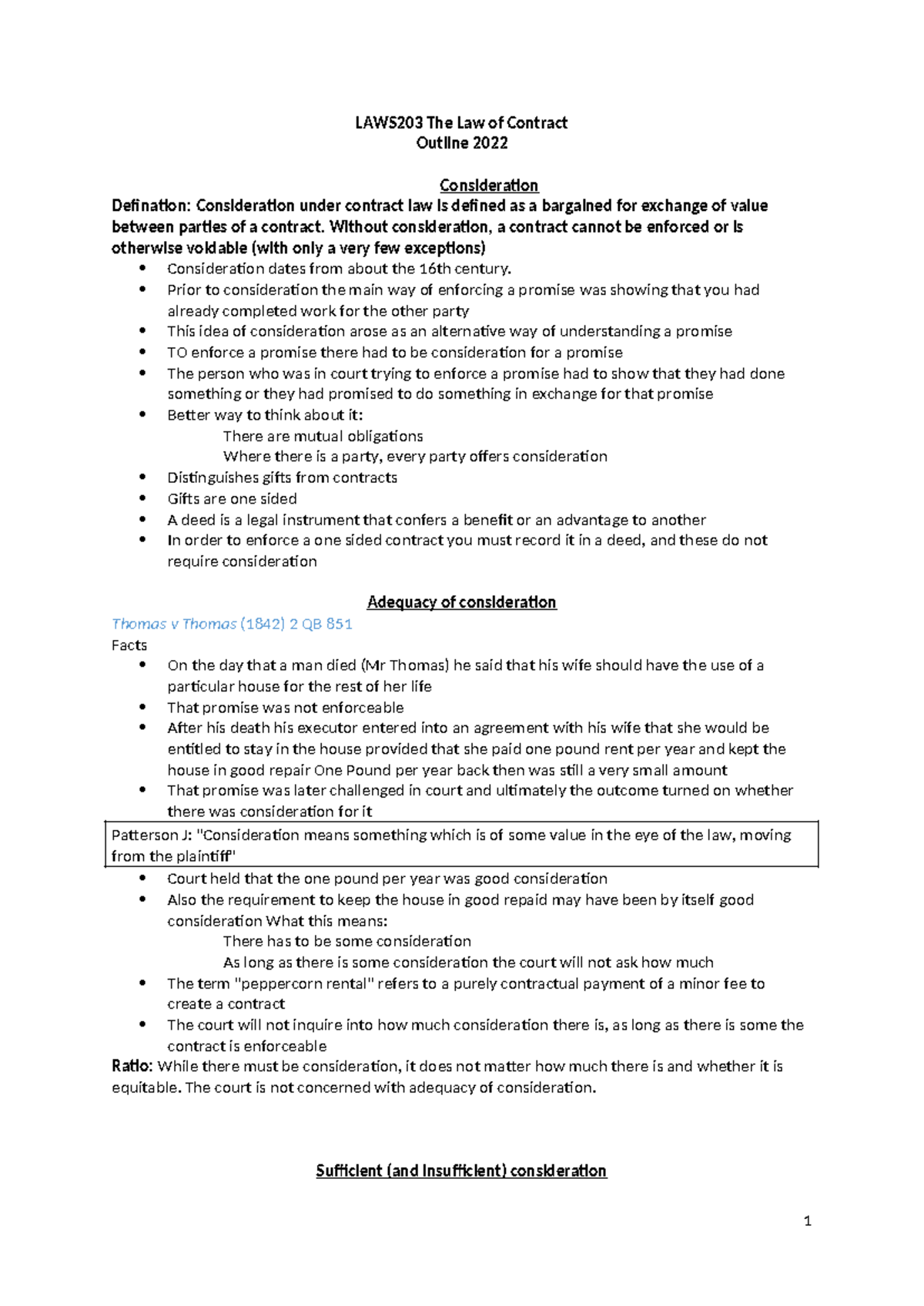 Consideration notes - LAWS203 The Law of Contract Outline 2022 ...
