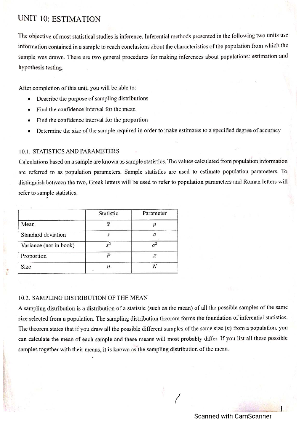 Unit 10: Estimation and Inference in Statistics - Key Concepts and ...
