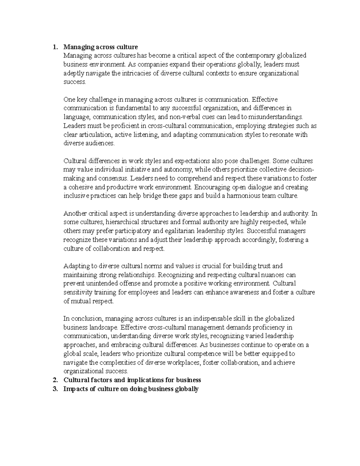 UNIT 4 - Description - Managing across culture Managing across cultures ...